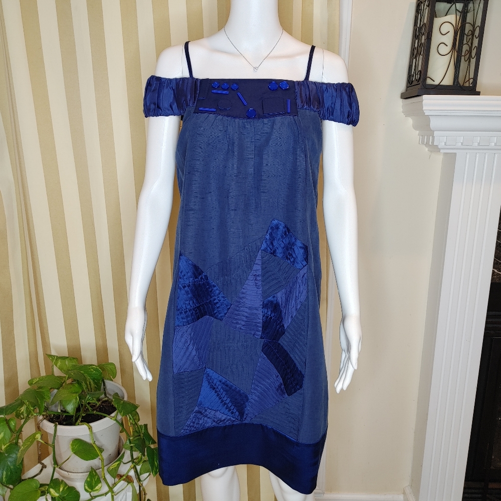 MINT SILK LINEN OFF SHOULDER DRESS, ROYAL BLUE 4